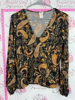 Wrapper top Black Paisley V-Neck Long Sleeve Blouse with Orange & Gold Accents